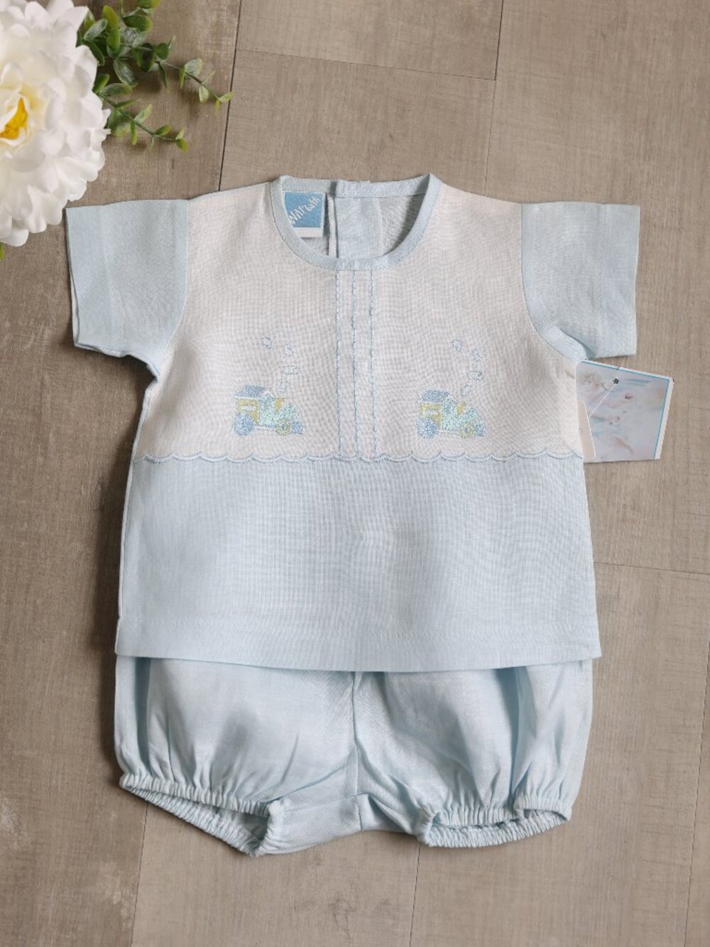 Boy's Heirloom Blue and White Linen Diaper Set Train Engine Size 0-3 Months NWT